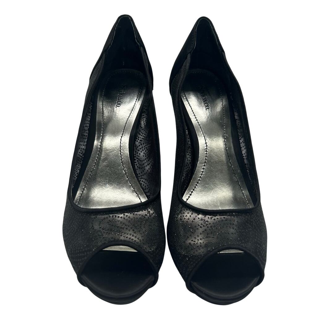 Style & Co Naveah Black Glitter Mesh Peep Toe Heels Party Sparkly Women 6.5